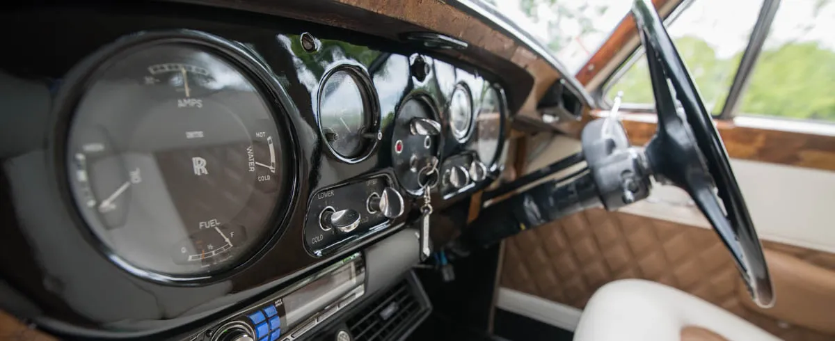 1964 Rolls Royce Silver Cloud close-up for wedding car rental in Lincoln County, ME