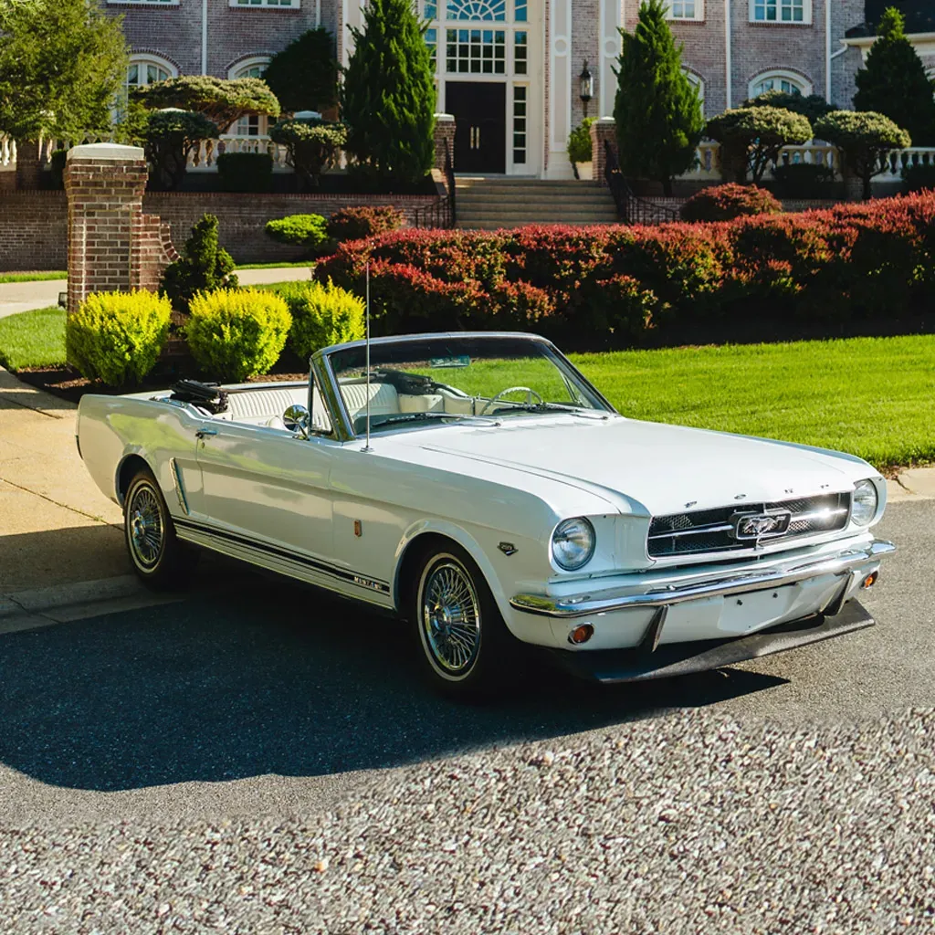 1965 White Ford Mustang GT Convertible for wedding car rental in Rockville, MD