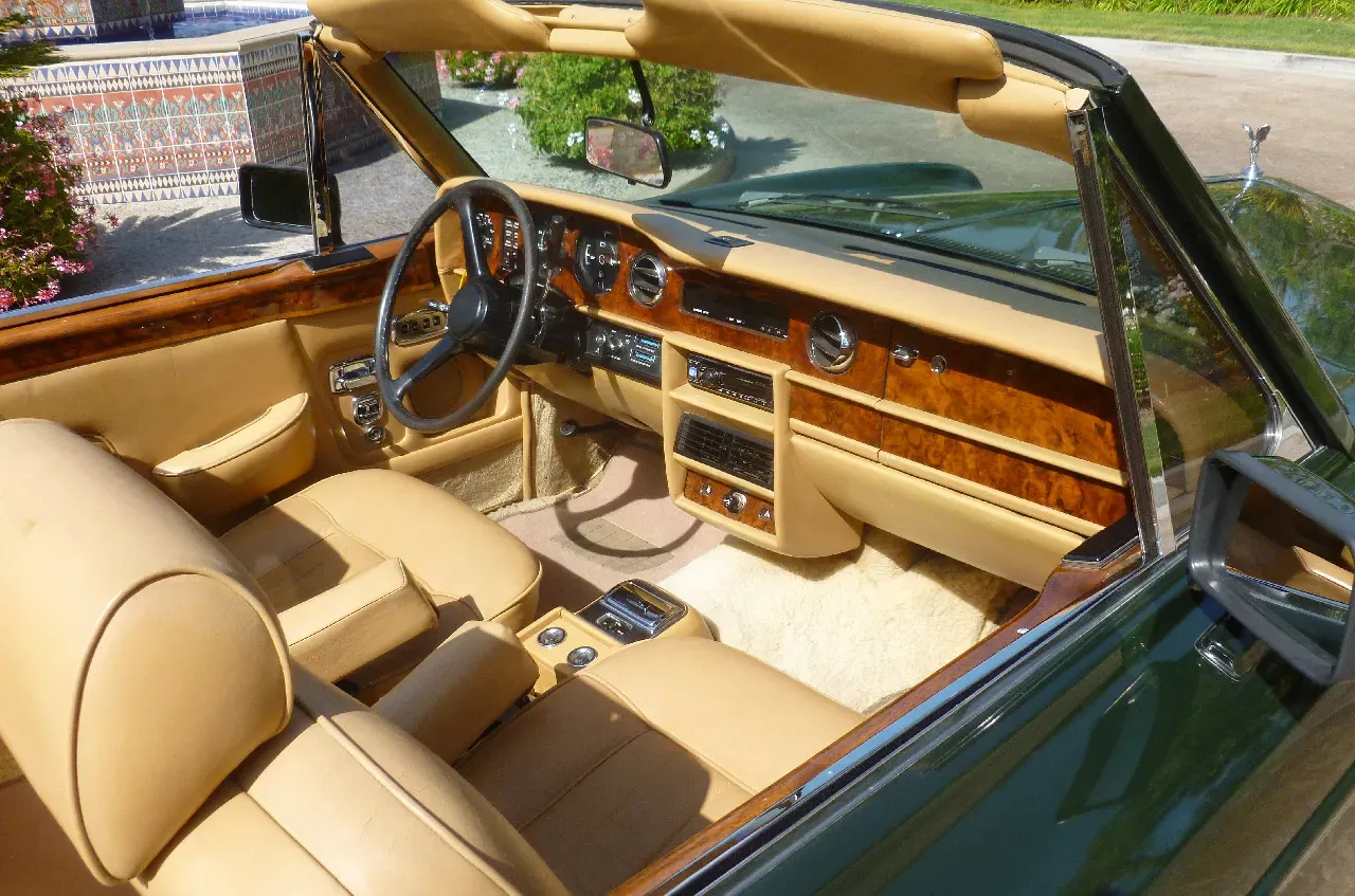 1983 Rolls-Royce Corniche Convertible interior with convertible roof for wedding car rental in Reseda, CA