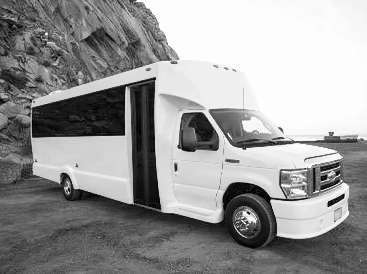 White-painted 2019 Luxury 20 Passenger Limousine Bus ready for booking