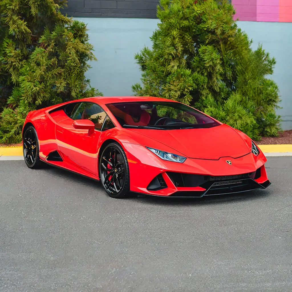 Red 2022 Lamborghini Huracan EVO Rosso Mars for wedding car rental in Rockville, MD