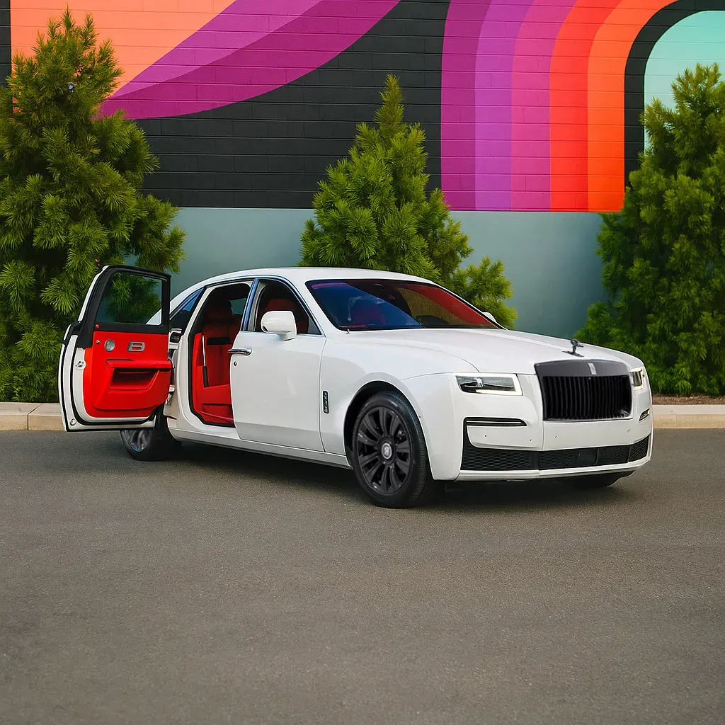 White 2024 Rolls-Royce Ghost with All Red Interior for wedding car rental in Perry County, PA