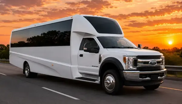 26 Passenger Party Bus White-painted 26 Passenger Party Bus ready for booking