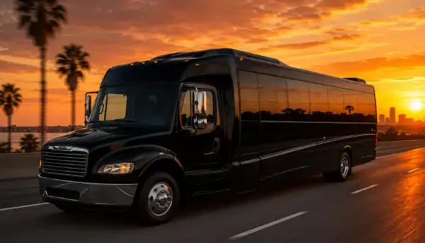 Black-painted 38 Passenger Party Bus ready for booking