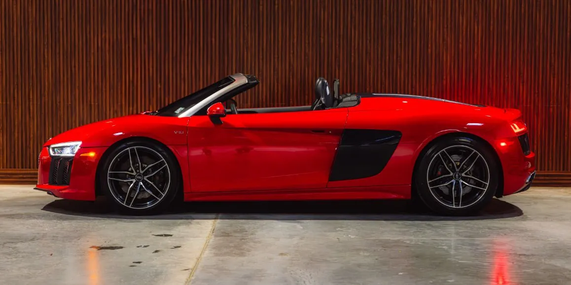Red Audi R8 exterior with convertible roof for wedding car rental in Northampton County, PA