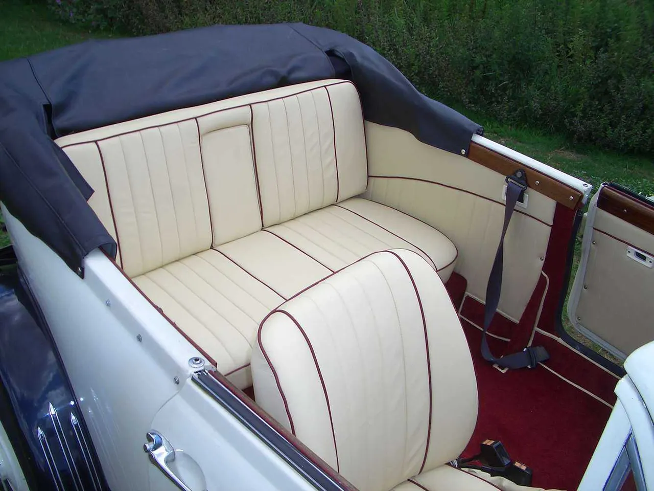 Beuford 1920 interior with convertible roof for wedding car rental in Archer City, TX