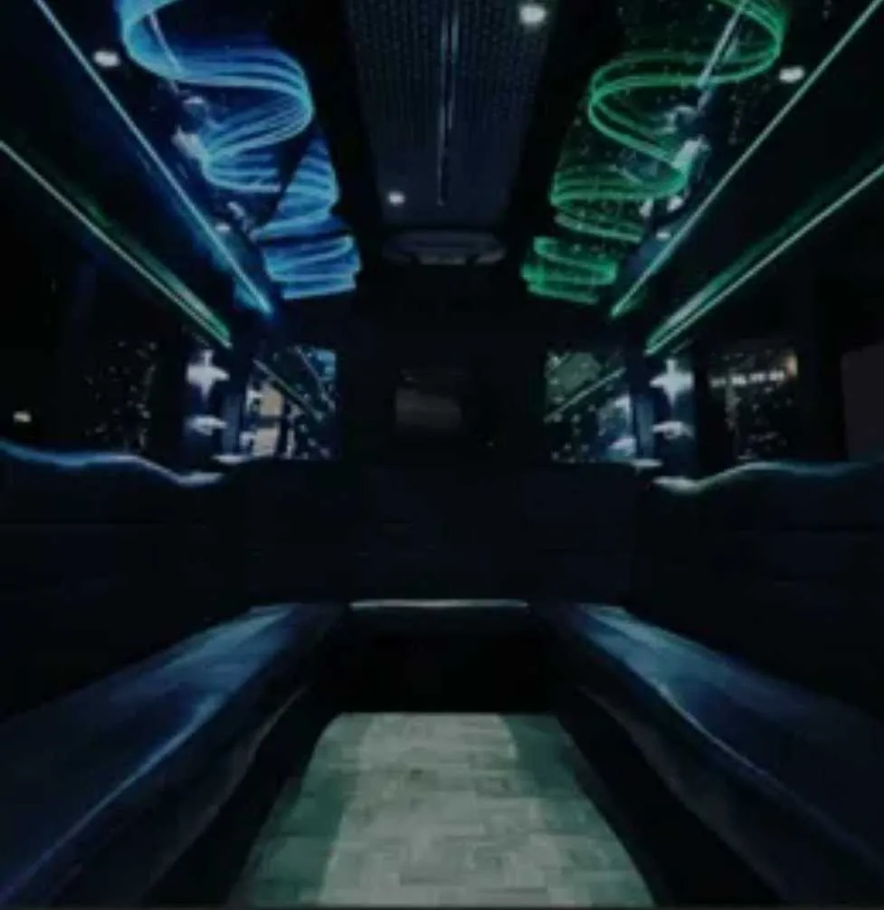 Black Party Bus interior with perimeter lounge seating and LED accent lighting for party bus rental in Schertz, TX