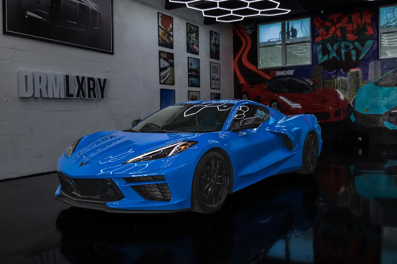 Blue Chevrolet Corvette Stingray Coupe for wedding car rental in Miami, FL