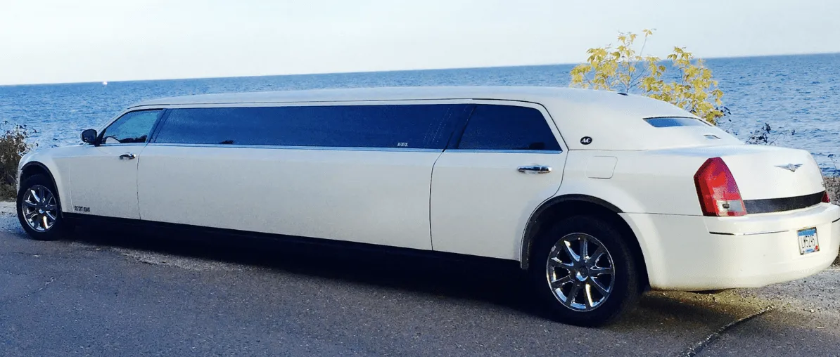 White C300 Limousine exterior with tinted windows, photo 3 for limo rental in Duluth, MN