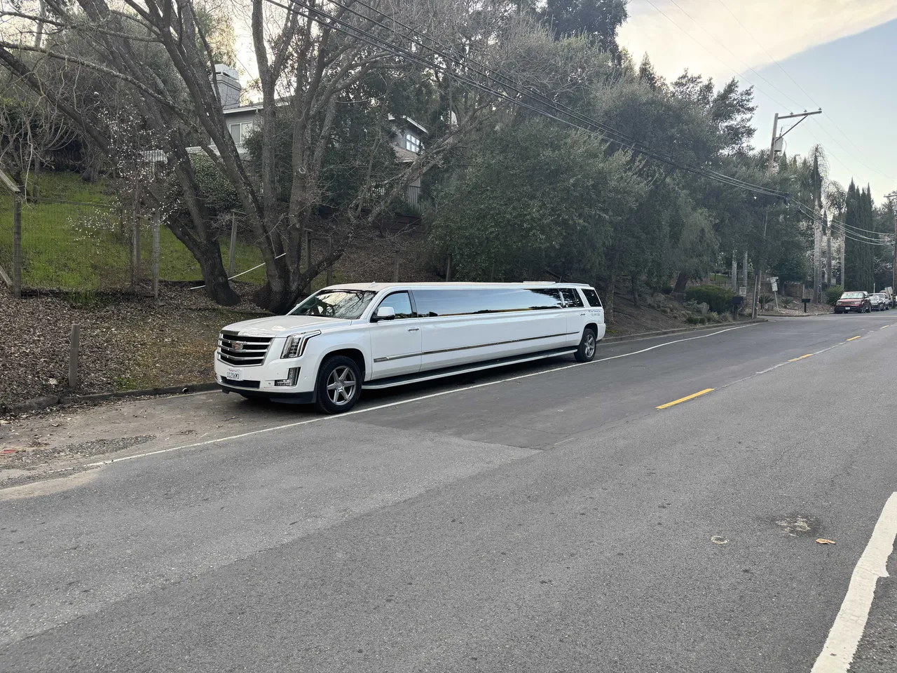 White Cadillac Escalade Limousine with tinted windows for limo rental