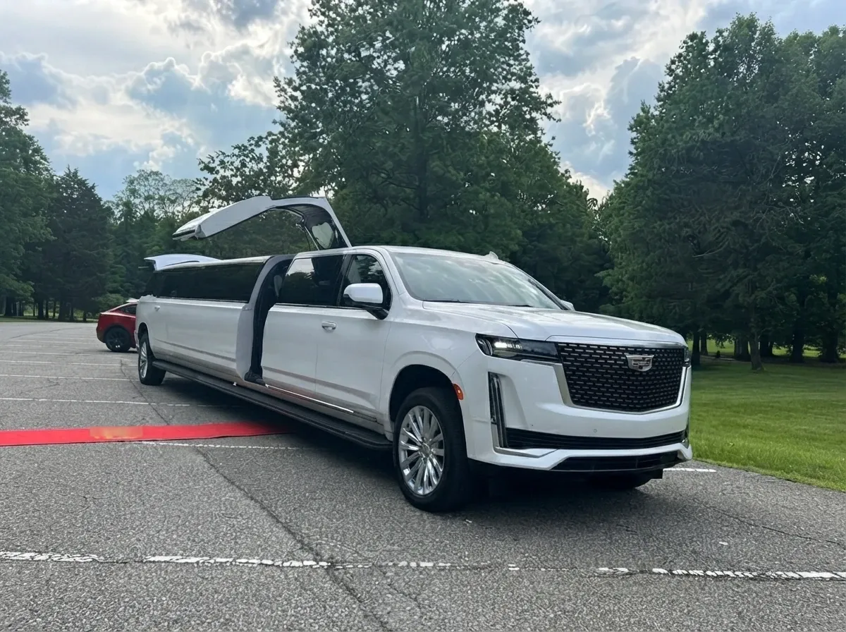 Cadillac Escalade Limousine White-painted Cadillac Escalade Limousine ready for booking