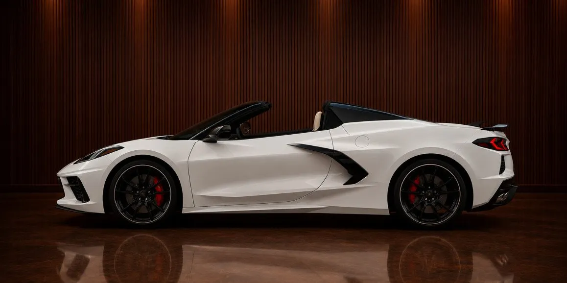 White Chevrolet Corvette exterior with convertible roof for wedding car rental in Suffolk County, NY