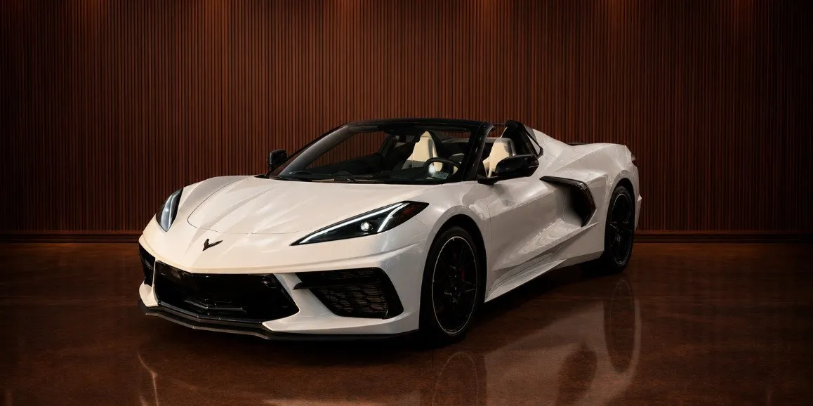 White Chevrolet Corvette with convertible roof for wedding car rental in Suffolk County, NY