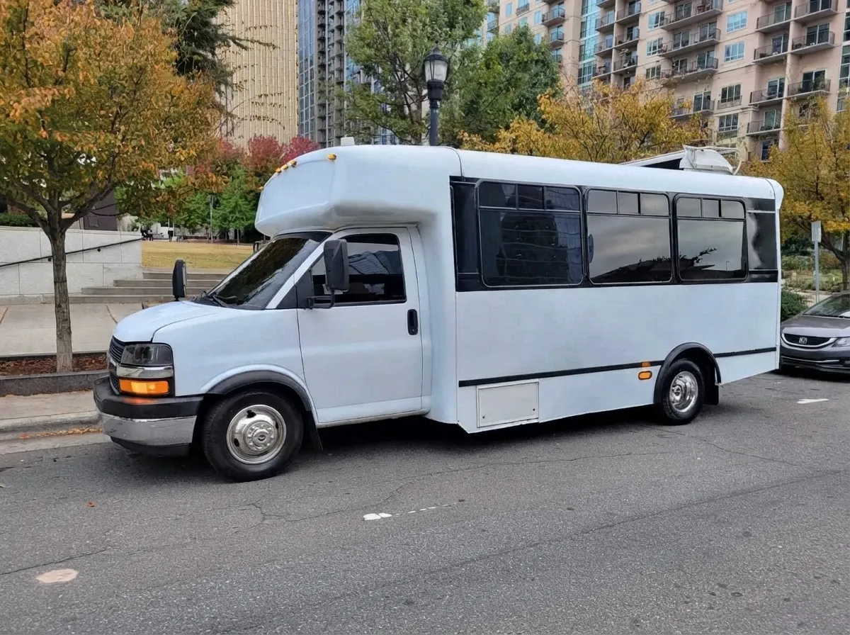 Chevrolet Party Bus White-painted Chevrolet Party Bus ready for booking
