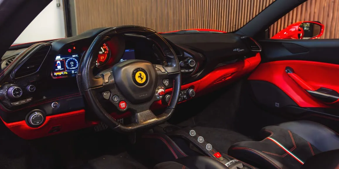 Ferrari 488 Spider interior for wedding car rental in Montgomery County, PA