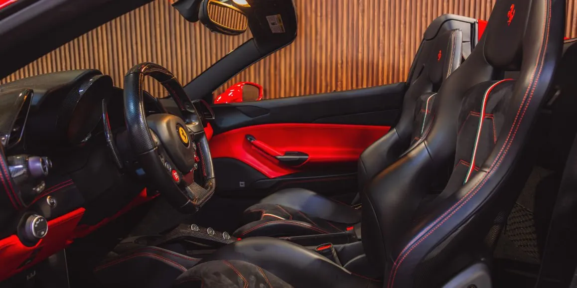 Ferrari 488 Spider interior with convertible roof for wedding car rental in Montgomery County, PA