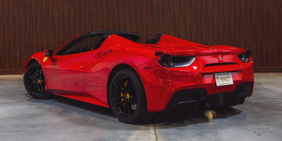 Red Ferrari 488 Spider exterior with convertible roof, photo 4 for wedding car rental in Montgomery County, PA