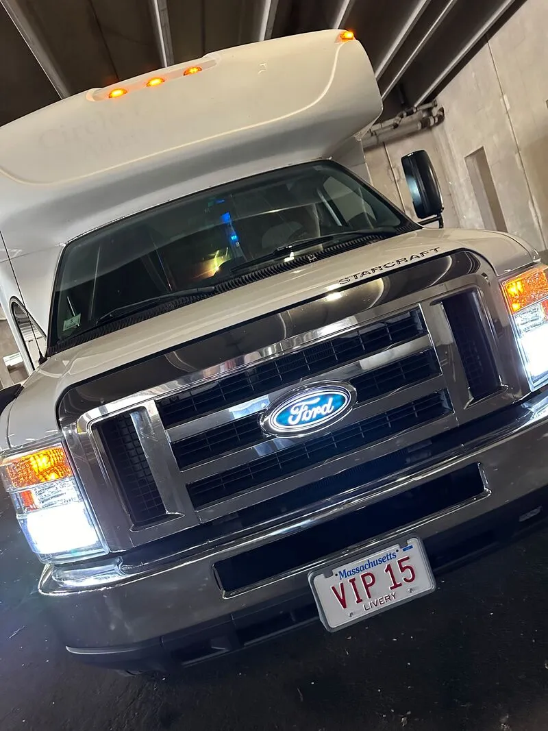 White Ford E-450 Series Party Bus exterior, photo 11 for party bus rental in North Attleboro, MA
