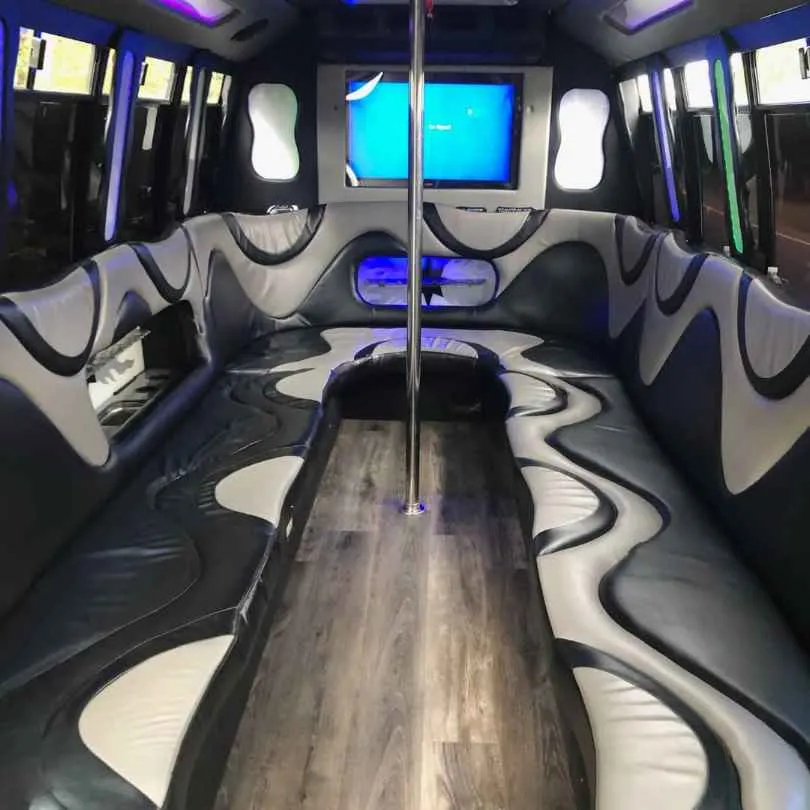 Ford Party Bus interior with perimeter lounge seating, LED accent lighting and wood-look flooring for party bus rental
