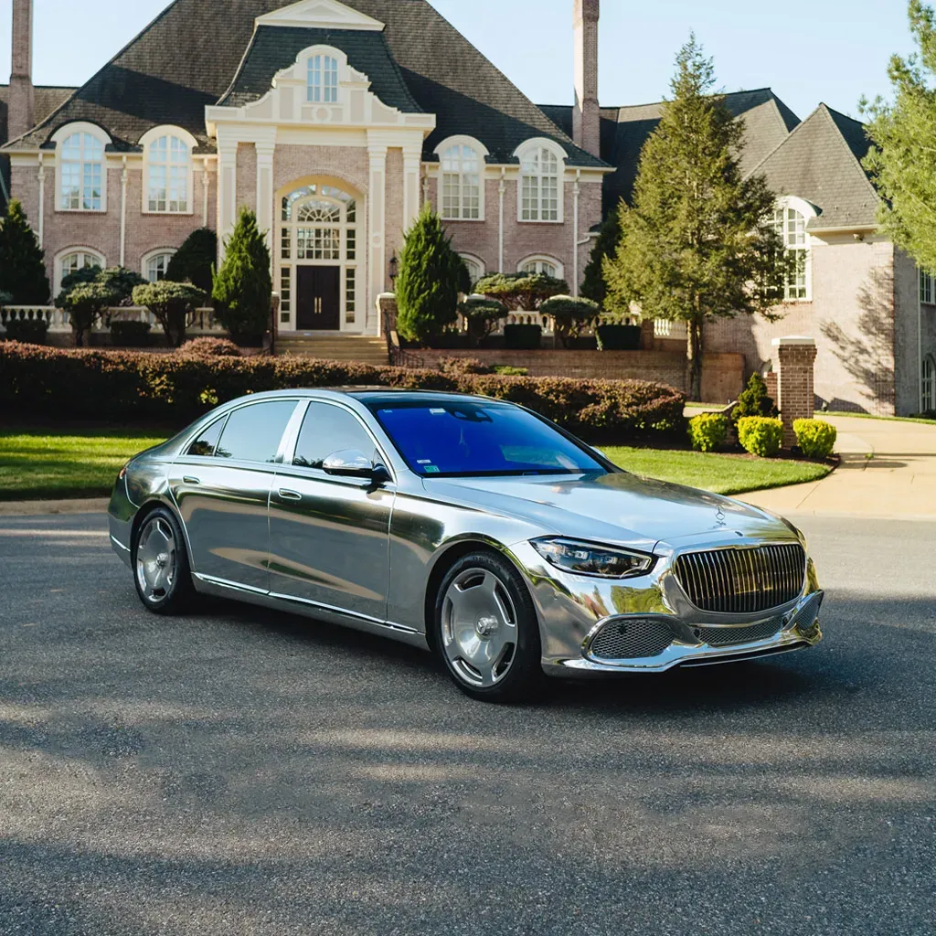 Silver ‘Kanye Maybach’ Full Chrome 2022 Mercedes-Benz S580 for wedding car rental in Dauphin County, PA Silver ‘Kanye Maybach’ Full Chrome 2022 Mercedes-Benz S580 for wedding car rental in Dauphin County, PA