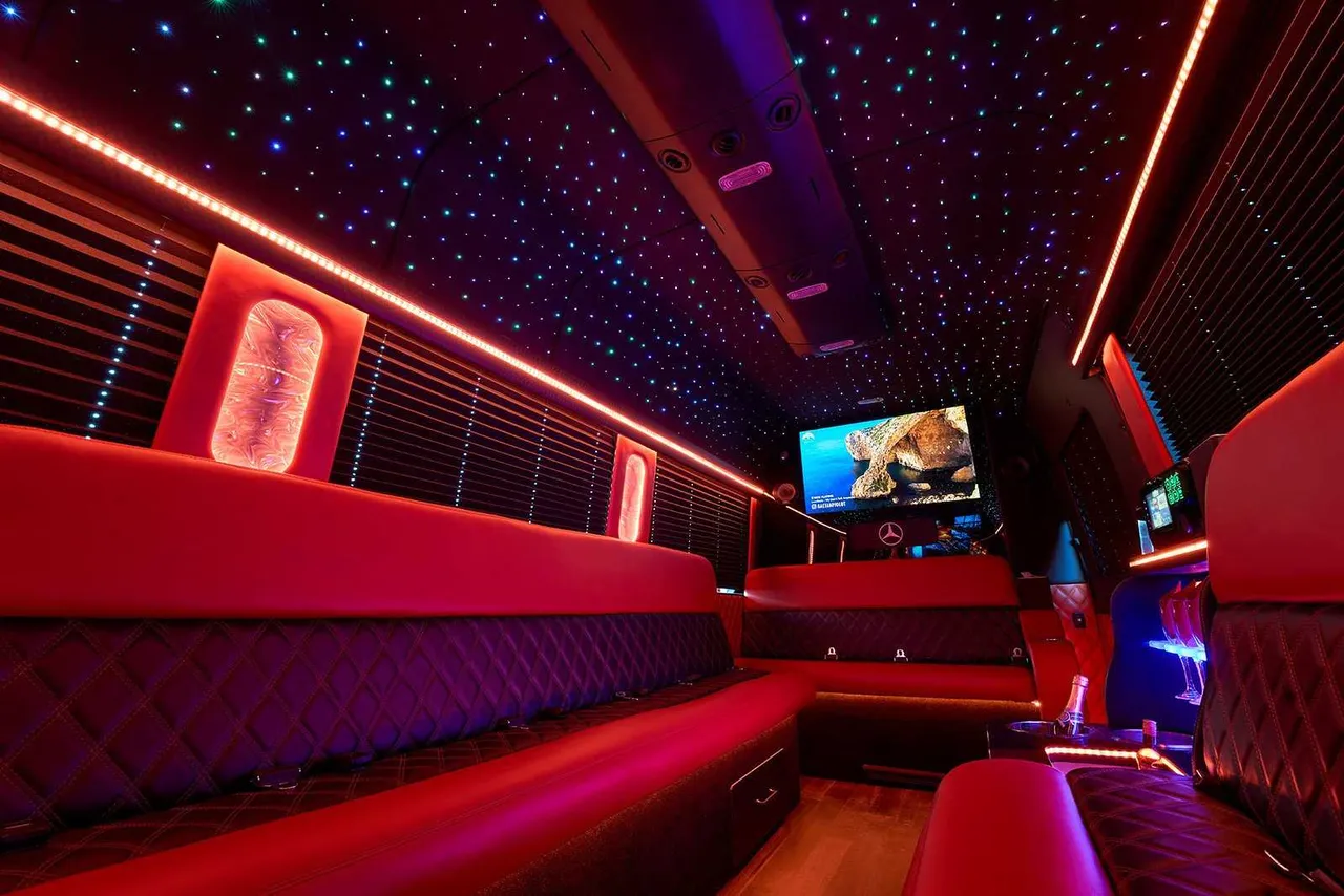 14 Passenger Limo Bus interior with perimeter lounge seating, window shades and LED accent lighting, photo 2 for party bus rental in Allen County, OH