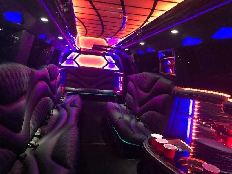 Lincoln MKT Limo interior with LED accent lighting and LED ceiling lighting for limo rental in Jefferson County, OH