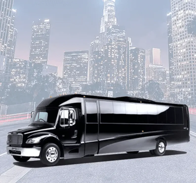 Black 38 Passenger Luxury Party Bus exterior for party bus rental in Mentone, CA