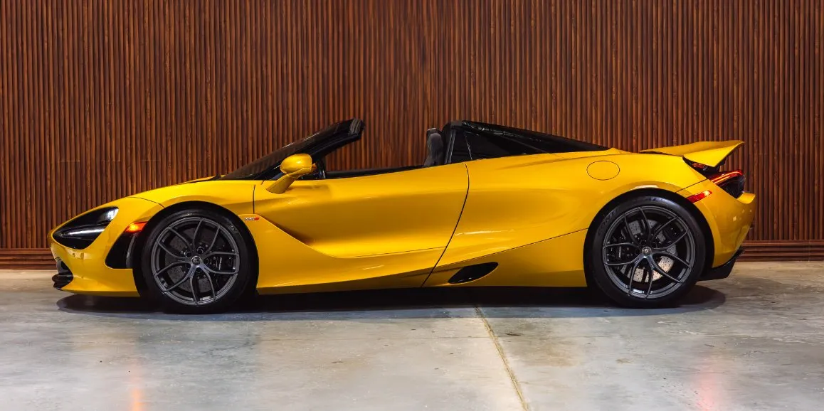 Yellow McLaren 720S exterior with convertible roof, photo 3 for wedding car rental in Suffolk County, NY