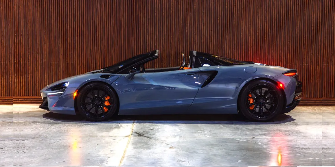 Gray McLaren Artura exterior with convertible roof for wedding car rental in Toms River, NJ