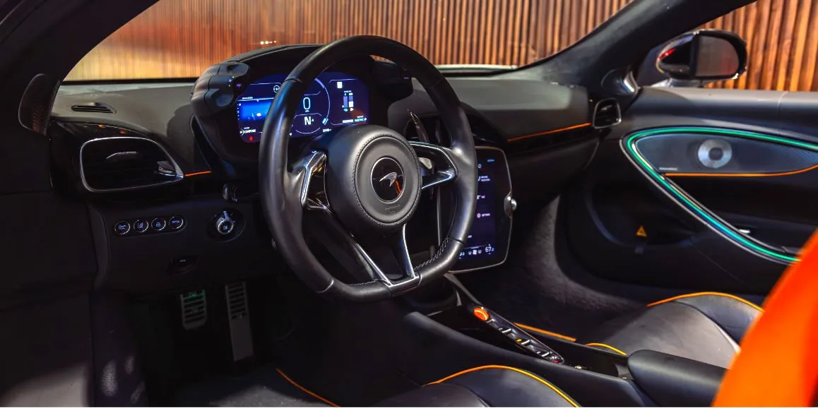 McLaren Artura interior with LED accent lighting for wedding car rental in Toms River, NJ