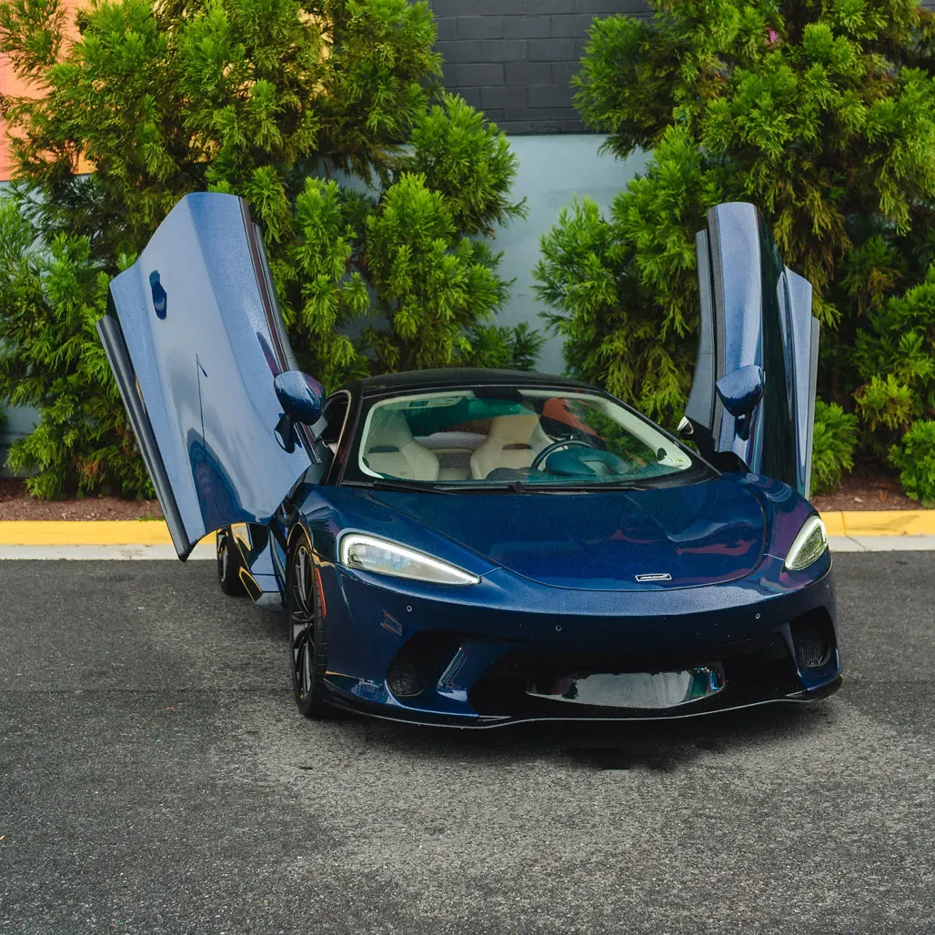 McLaren GT Aurora Blue for wedding car rental in Rockville, MD