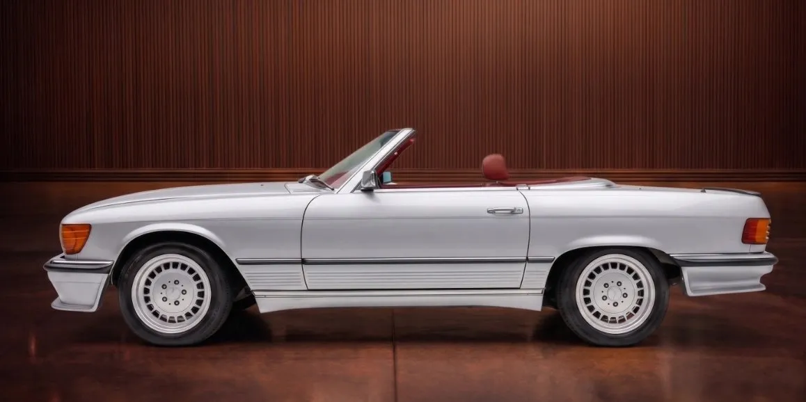 Silver Mercedes Benz 450 SL exterior with convertible roof for wedding car rental in Grant County, WV