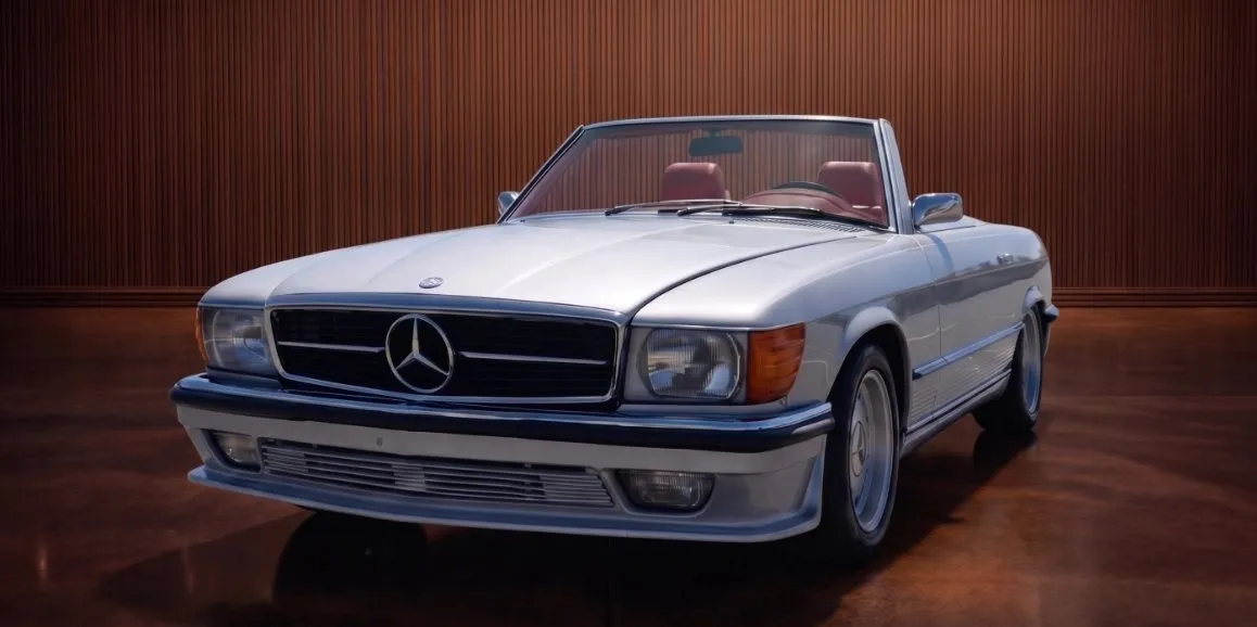 Silver Mercedes Benz 450 SL with convertible roof for wedding car rental in Grant County, WV