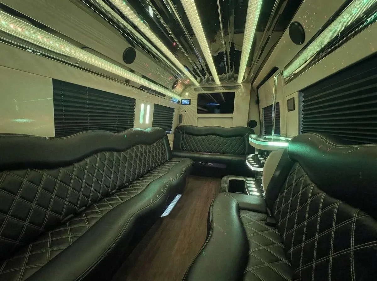Black-painted Mercedes-Benz Sprinter Limousine ready for booking
