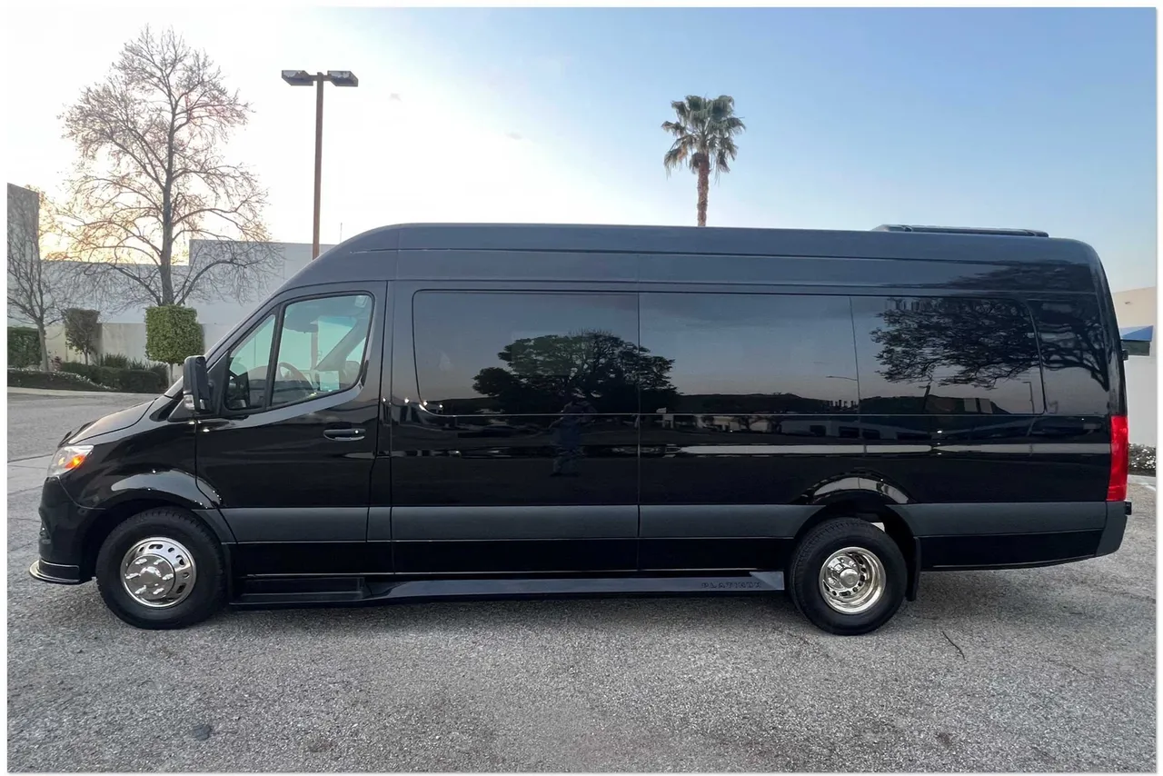 Black-painted Mercedes-Benz Sprinter Limousine ready for booking