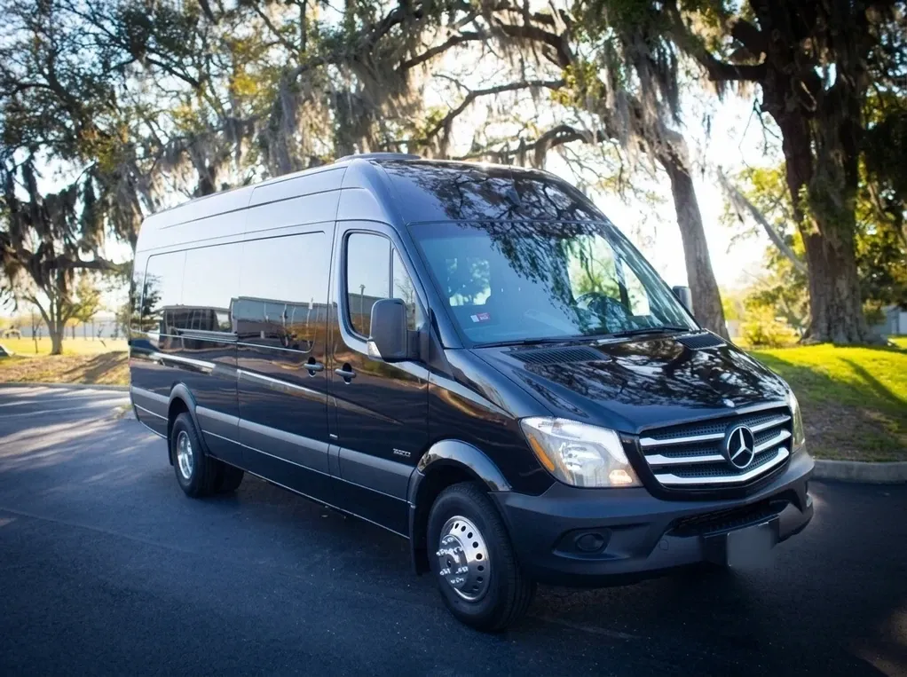 Black-painted Mercedes-Benz Sprinter Limousine ready for booking