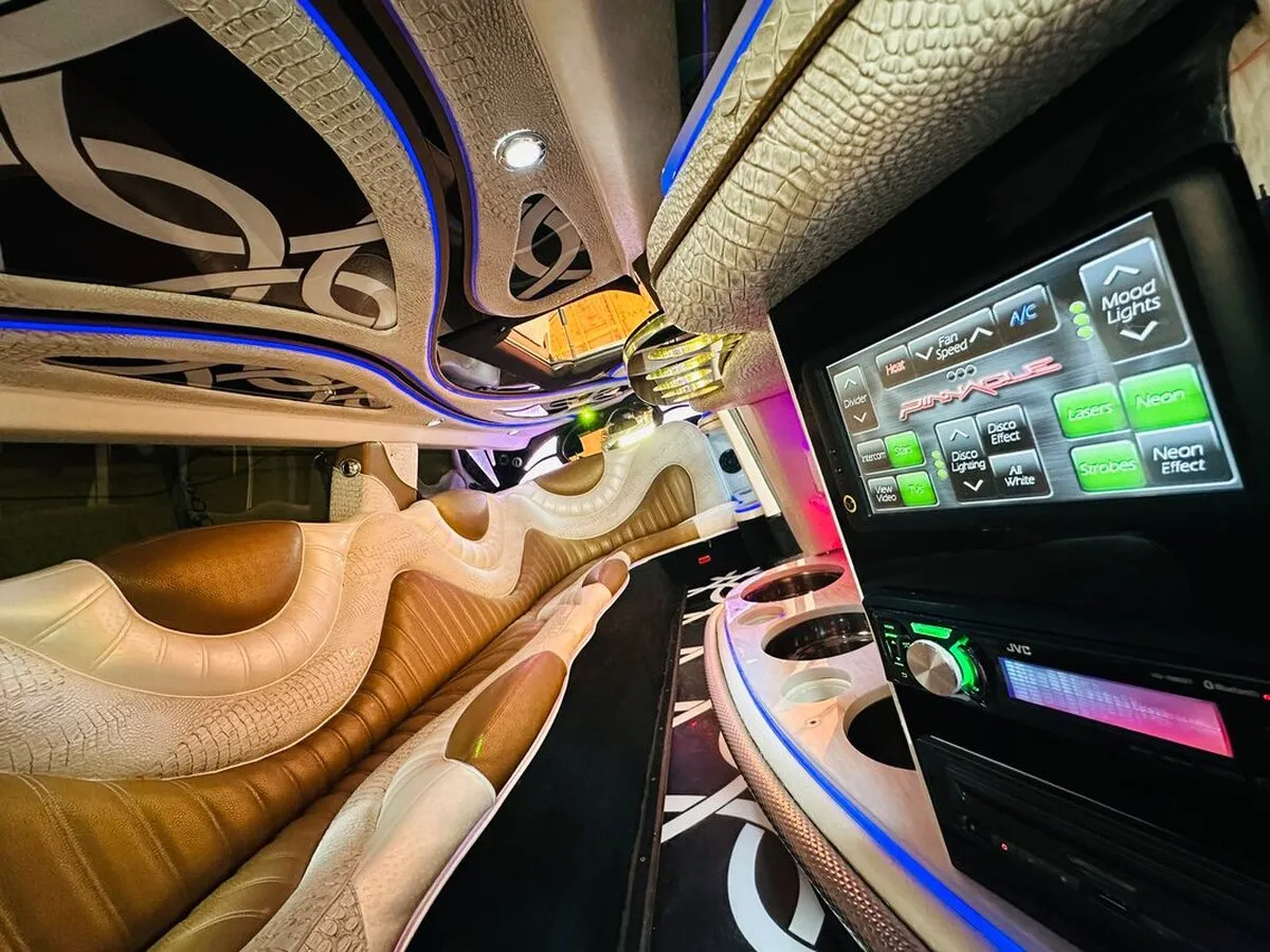 Mercedes-Benz Jet Doors Limousine interior with LED accent lighting for wedding car rental in North Attleboro, MA