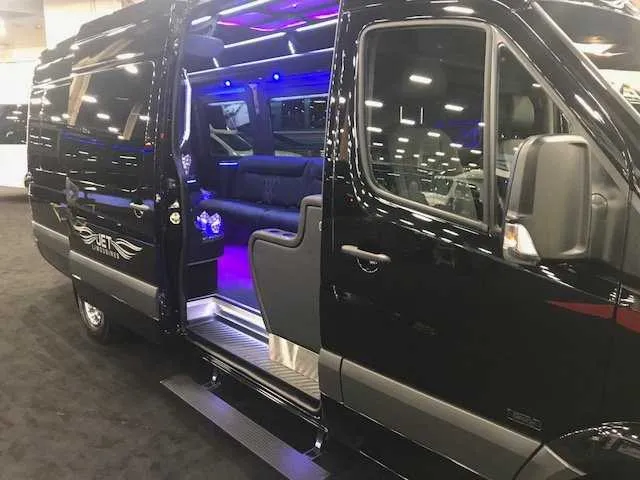 Black Mercedes Party Bus exterior for party bus rental in Birds Landing, CA
