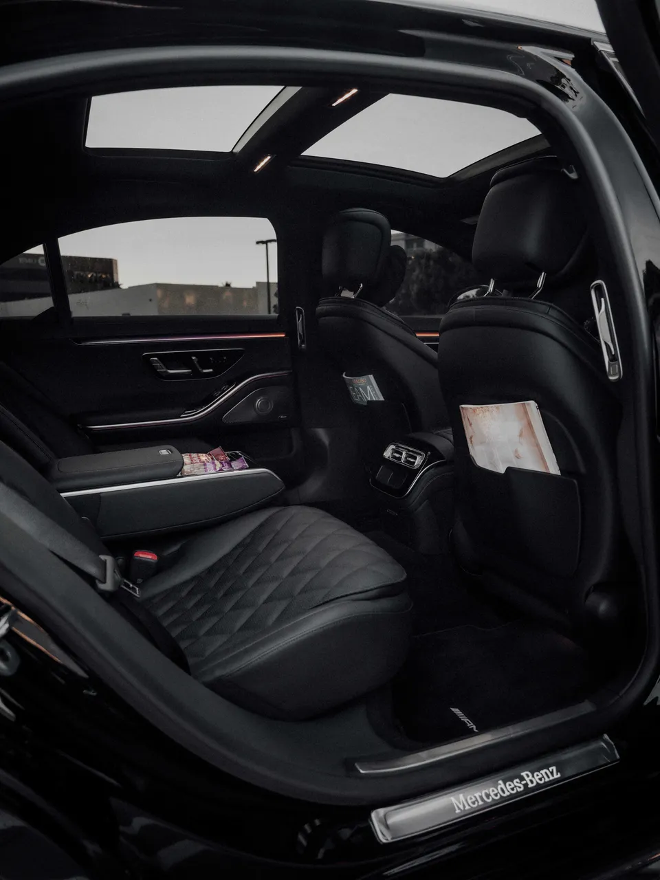 Mercedes-Benz S-Class interior with LED accent lighting for wedding car rental