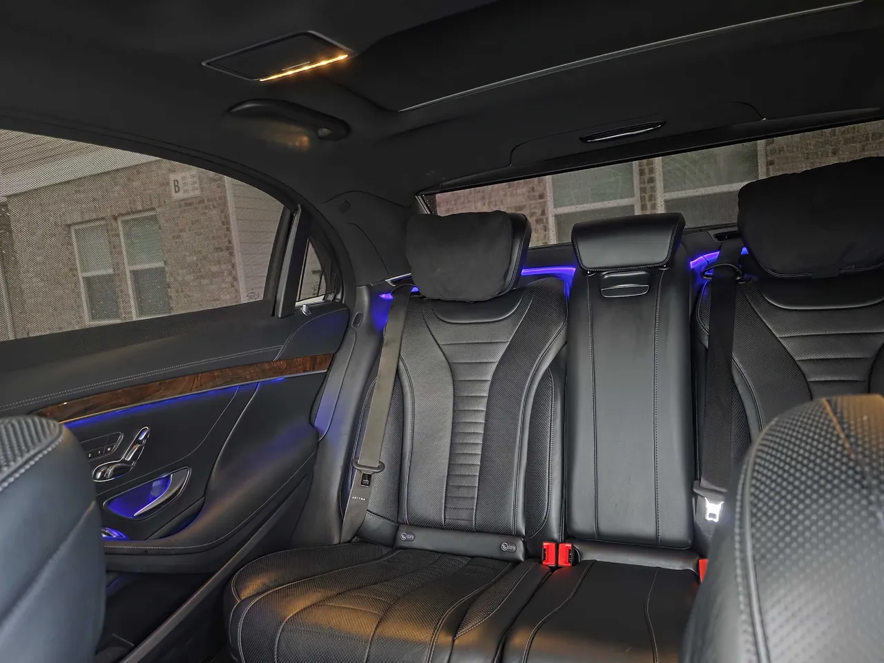 Mercedes-Benz S550 'Duchess' interior with LED accent lighting for wedding car rental in Freeport, FL