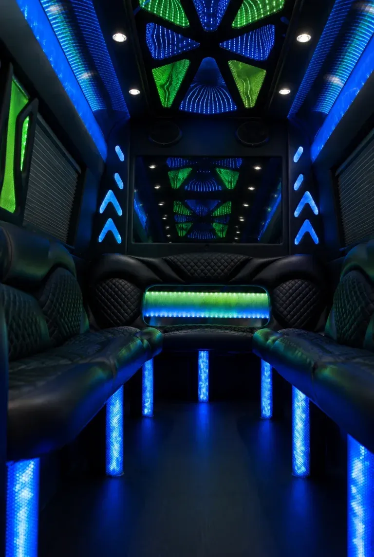 Mercedes-Benz Sprinter Limousine interior with perimeter lounge seating, window shades and LED accent lighting, photo 5 for party bus rental