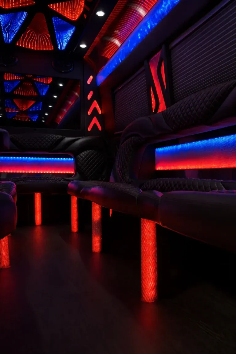 Mercedes-Benz Sprinter Limousine interior with window shades, LED accent lighting and LED ceiling lighting for party bus rental