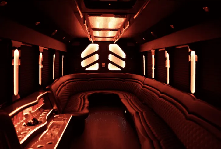 25 Passenger Party Bus 25 Passenger Party Bus interior with perimeter lounge seating and LED accent lighting for party bus rental