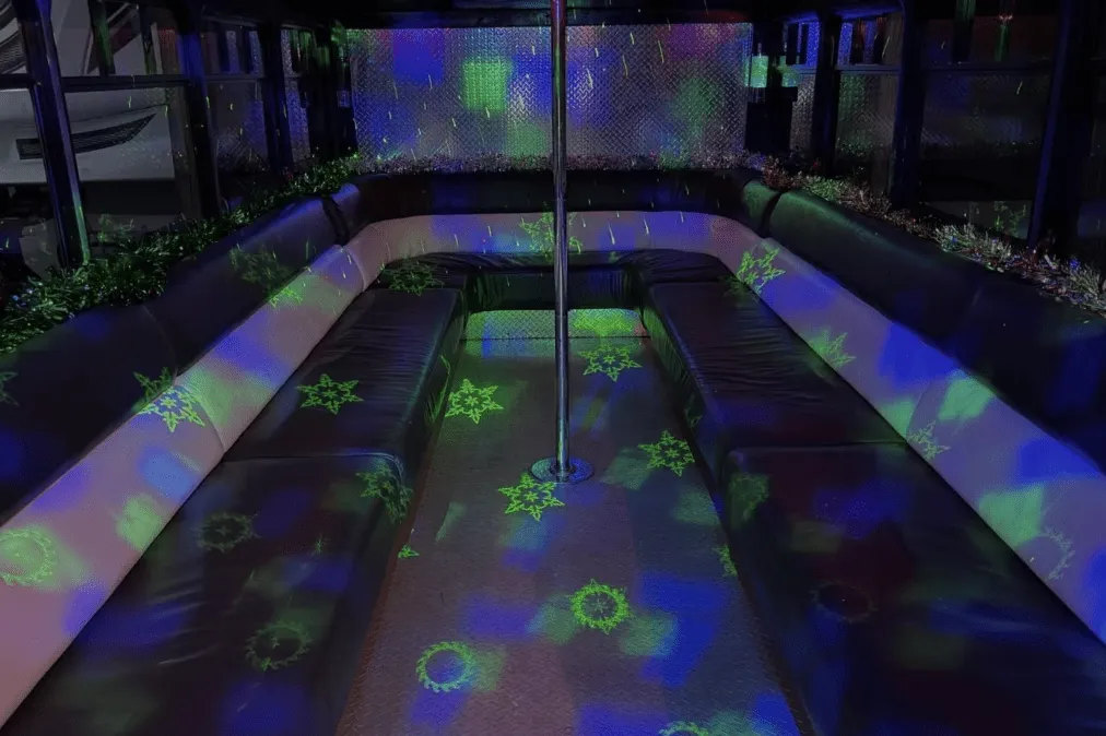 20 Passenger Party Bus 20 Passenger Party Bus interior with perimeter lounge seating and dance pole for party bus rental