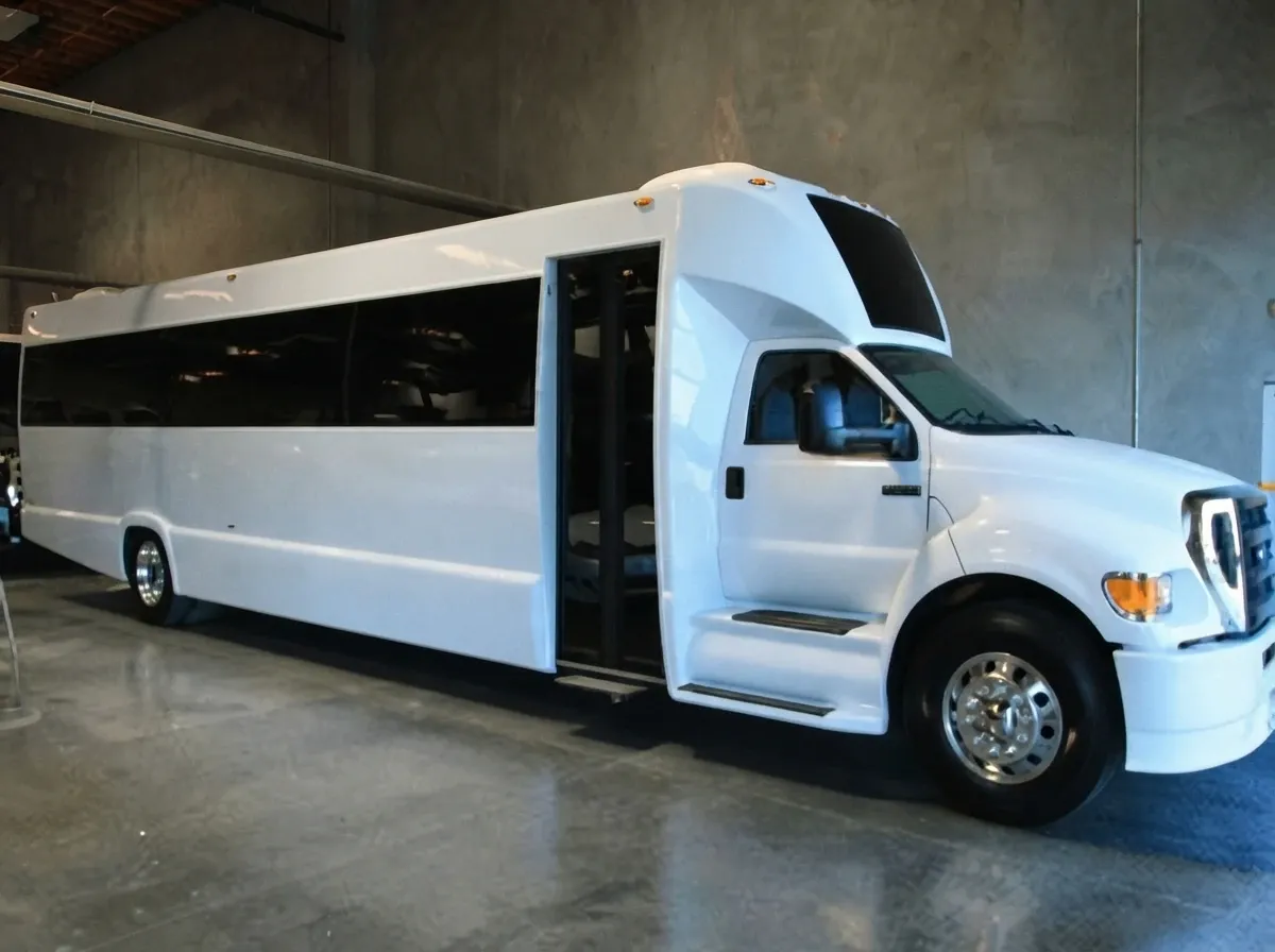 White-painted 40 Passenger Party Bus ready for booking
