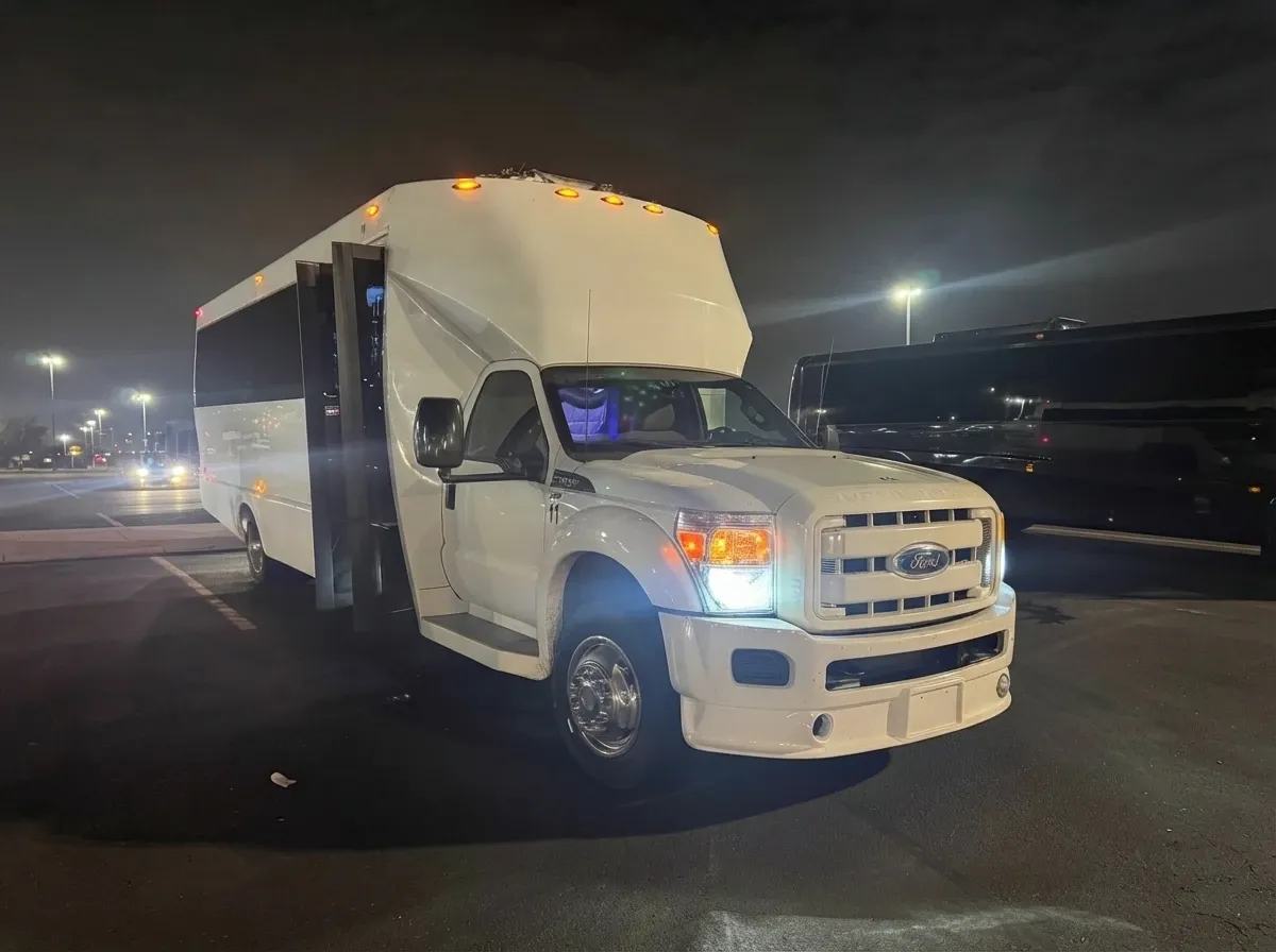 24 Passenger Party Bus White-painted 24 Passenger Party Bus ready for booking