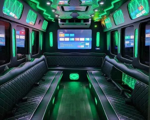 Ford F550 Party Bus interior with perimeter lounge seating, LED accent lighting and LED ceiling lighting for party bus rental