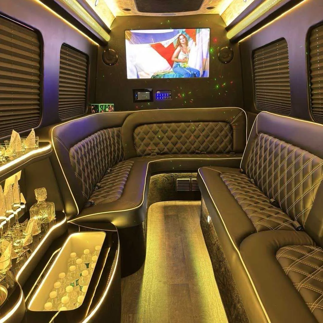 12 Passenger Party Limo Sprinter interior with sofa-style seating, window shades and LED accent lighting for party bus rental in Rodeo, CA