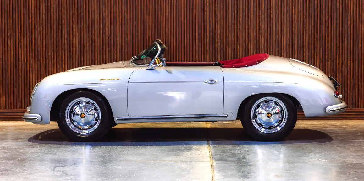 Silver Porsche Speedster 1956 (Vintage) with convertible roof for wedding car rental in Toms River, NJ