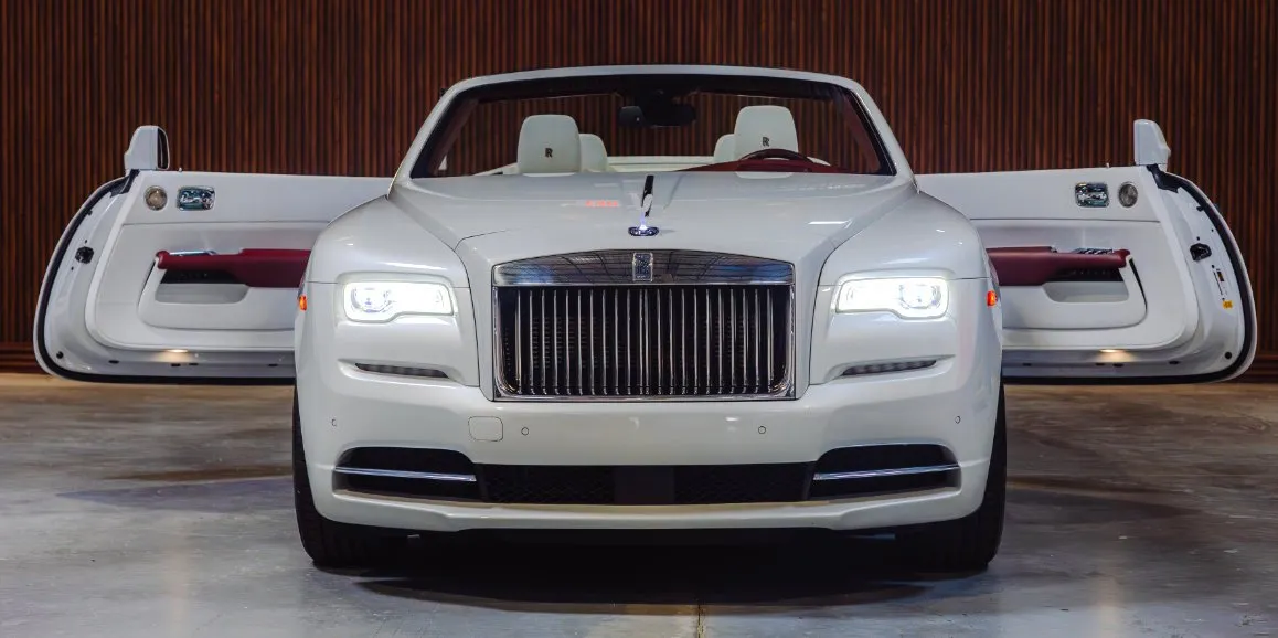 White Rolls Royce Dawn exterior with convertible roof, photo 3 for wedding car rental